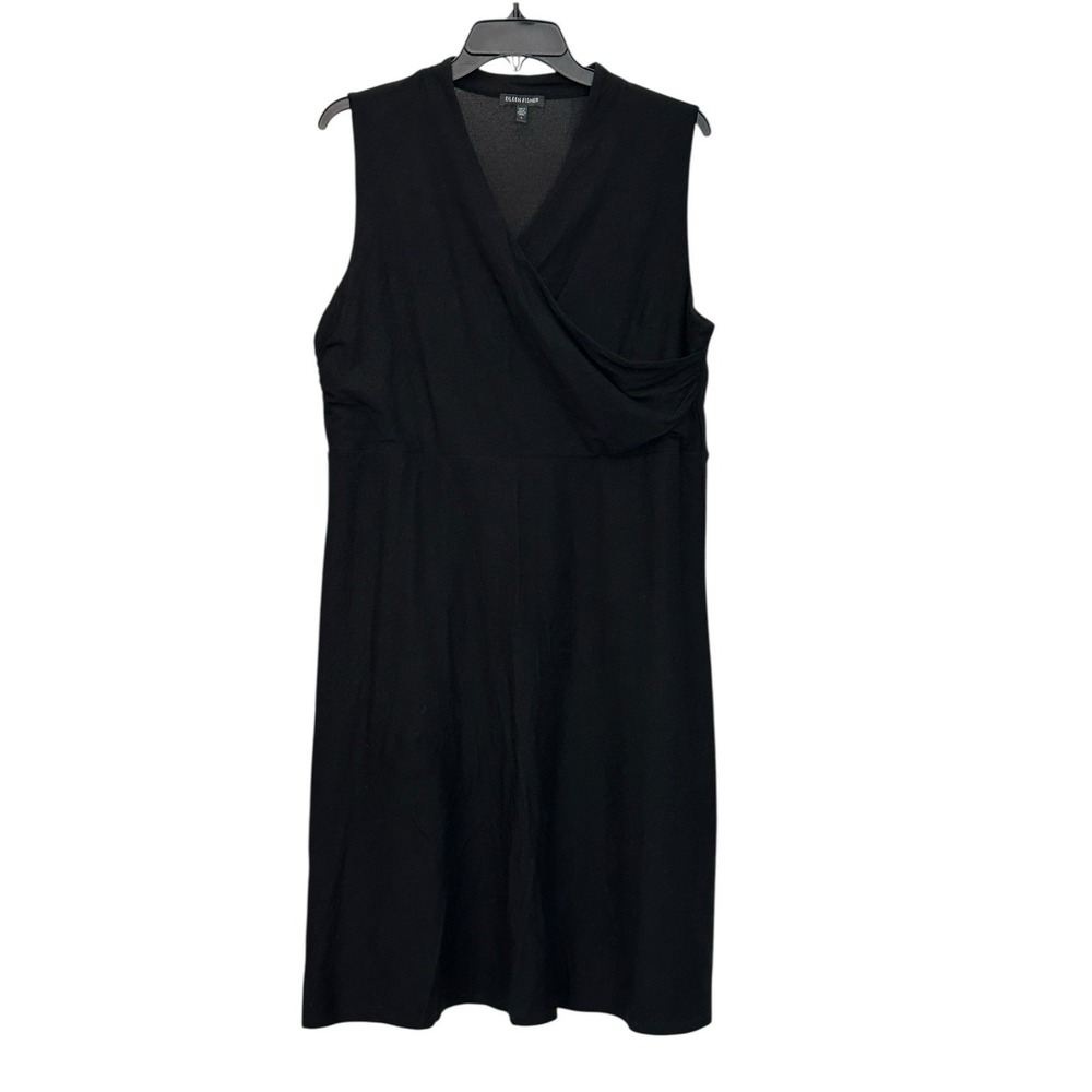 EILEEN FISHER $258 Large Lightweight Stretch Crepe‎ Faux Wrap Dress Black #P6-2